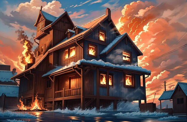 anime style a house with a fire burning in the sky