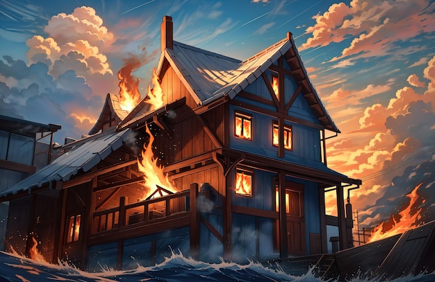 anime style a house with a fire burning in the sky