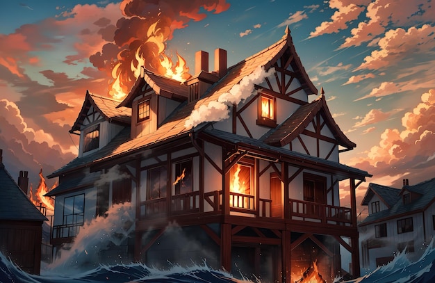 anime style a house with a fire burning in the sky