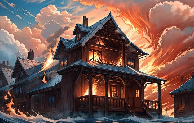 anime style a house with a fire burning in the sky