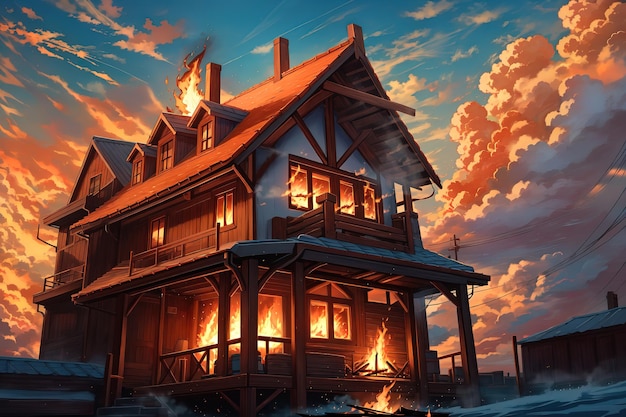 anime style a house with a fire burning in the sky