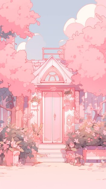 Anime style house with a pink door and a pink tree generative ai