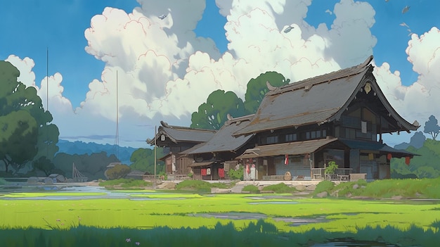 Anime style house with a pond and a sky background generative ai