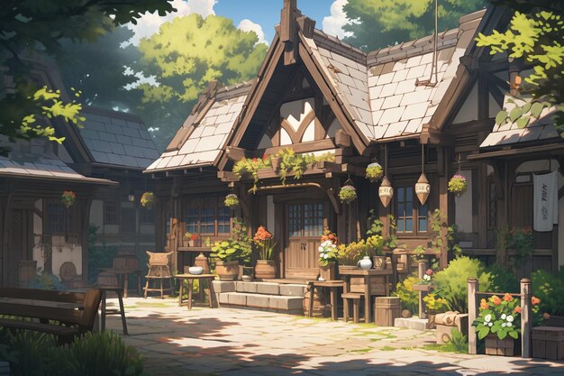 Anime style house with a porch and a garden area generative ai