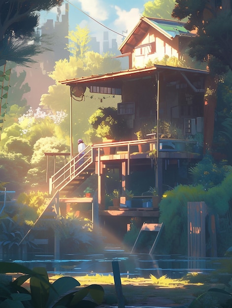 anime style house in the woods with a bridge and a pond generative ai