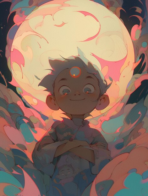 Anime style illustration of a boy with a full moon in the background generative ai