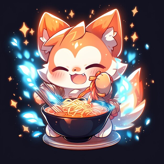 Foto illustrazione in stile anime di un gatto che mangia noodles con un cucchiaio generativo ai