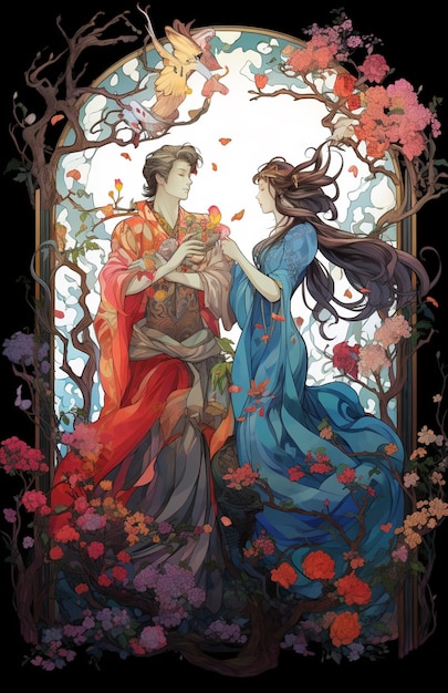 anime style illustration of a couple in a garden with flowers generative ai