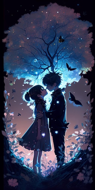Anime style illustration of a couple kissing in the moonlight generative ai