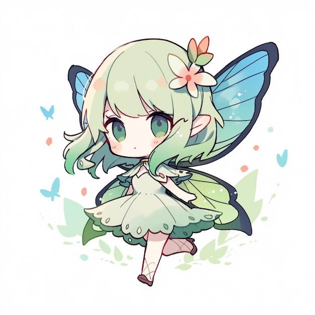 Photo anime style illustration of a cute little fairy girl with a butterfly generative ai