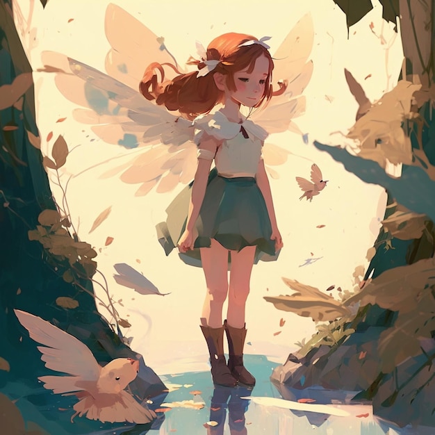 feeling free and flying, anime girl flying over a city, peaceful manga artwork, generative ai technology Stock Illustration