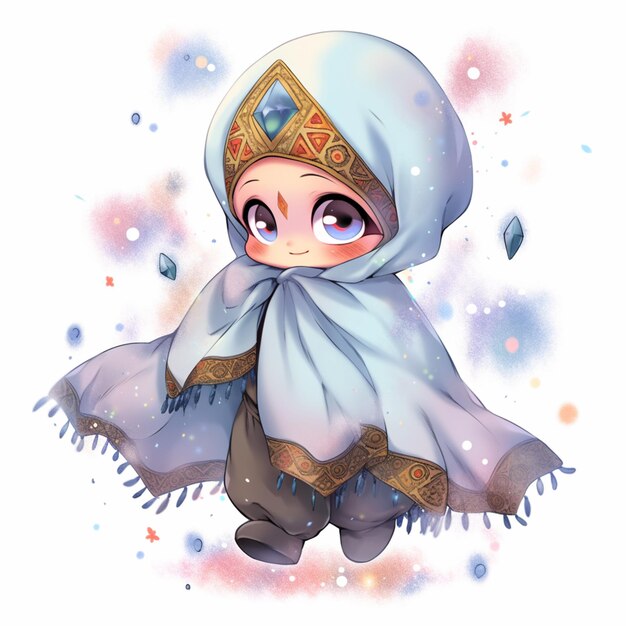 白いヒジャブを着た女の子のアニメスタイルのイラスト