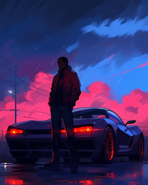 Anime style illustration of a man standing next to a sports car generative ai