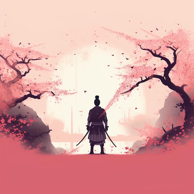 Photo anime style illustration of a man with a sword in a forest generative ai