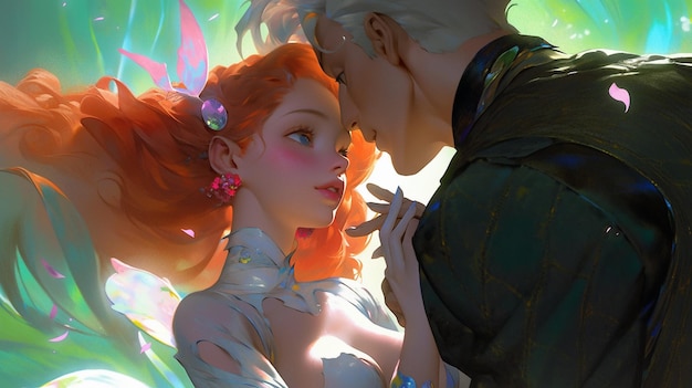 Anime style illustration of a man and a woman kissing in a garden generative ai