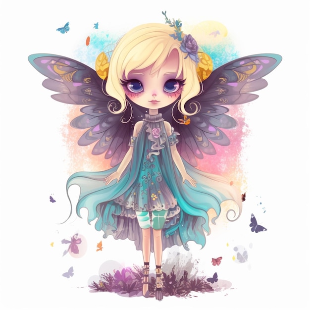 anime style illustration of a pretty little fairy with blue eyes generative ai