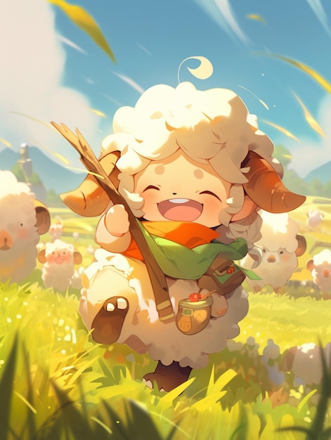 Anime style illustration of a sheep with a bow and arrow in a field generative ai