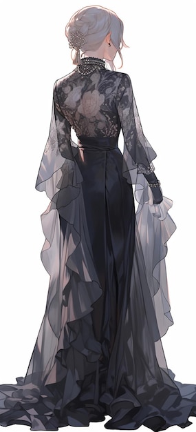 Anime style illustration of a woman in a black dress with a sheered top generative ai