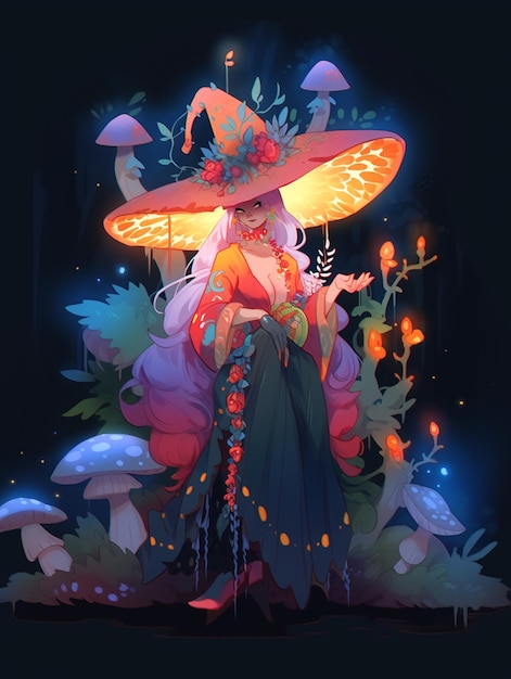 Anime style illustration of a woman dressed in a witch costume surrounded by mushrooms generative ai