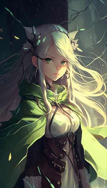 Anime style illustration of a woman in green dress with capelet generative ai