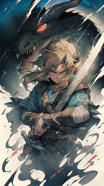 Иллюстрация в стиле аниме женщины, держащей меч с драконом на заднем плане