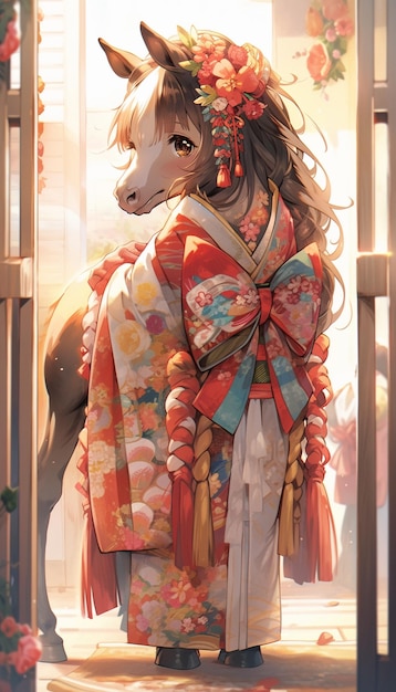 Anime style illustration of a woman in kimono with a horse generative ai