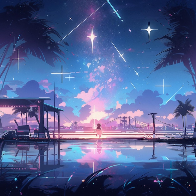 Anime style illustration of a woman standing on a dock watching the stars generative ai