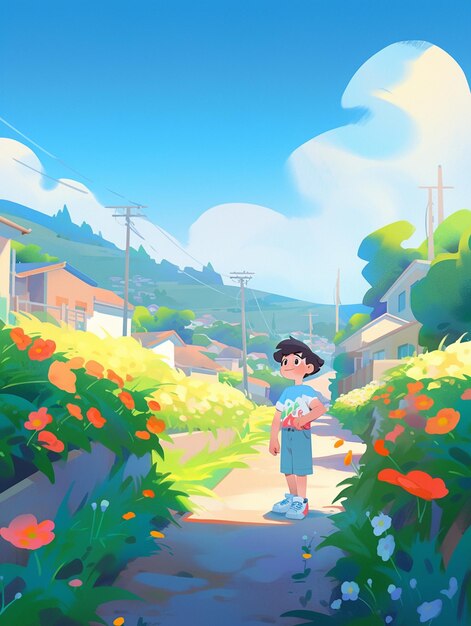 Anime style illustration of a woman walking down a path in a village generative ai