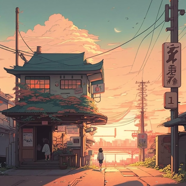 anime style illustration of a woman walking down a street in a small town generative ai