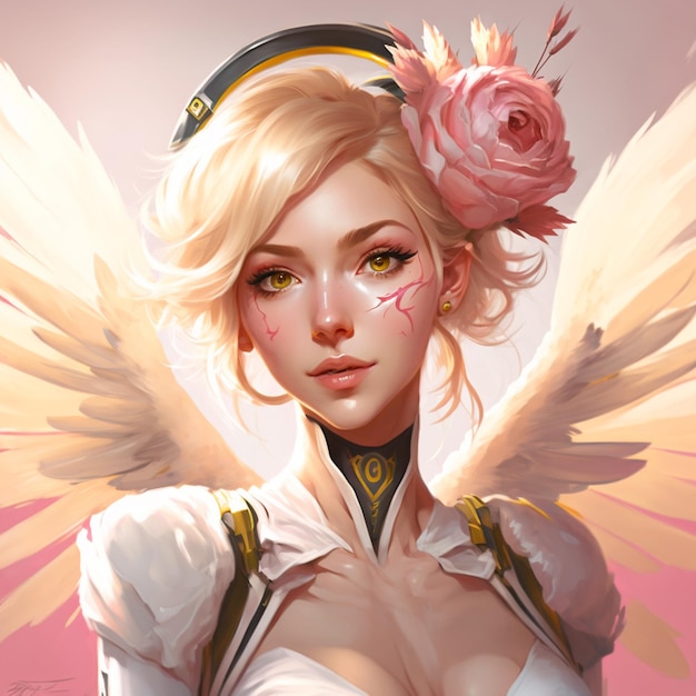 Photo anime style illustration of a woman with angel wings and a rose generative ai