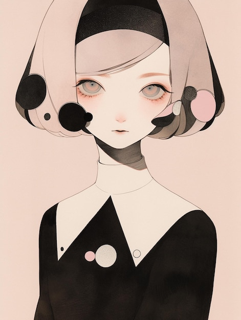 Anime style illustration of a woman with a black and white polka dot hat generative ai