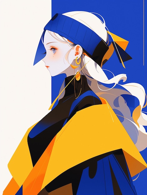 anime style illustration of a woman with a blue and yellow hat generative ai