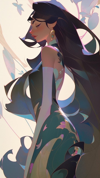 anime style illustration of a woman with long hair and a dress generative ai