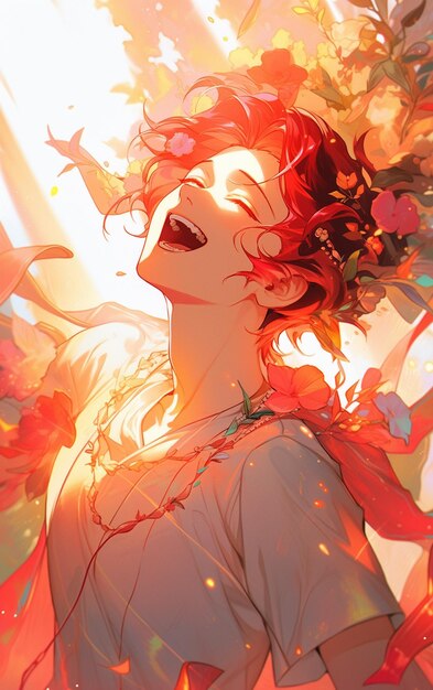 Anime style illustration of a woman with red hair and a flower crown generative ai