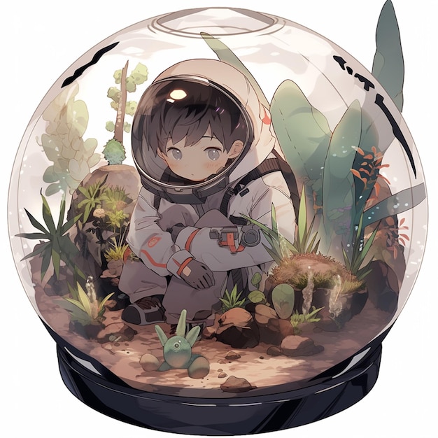 anime style image of a boy in a space suit sitting in a glass bowl generative ai