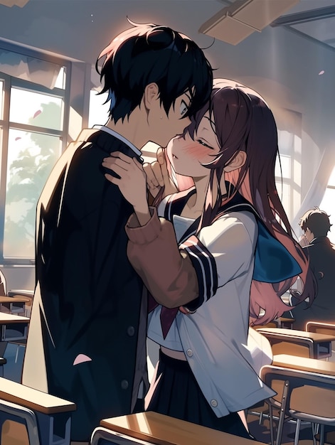 anime style image of a couple kissing in a classroom generative ai