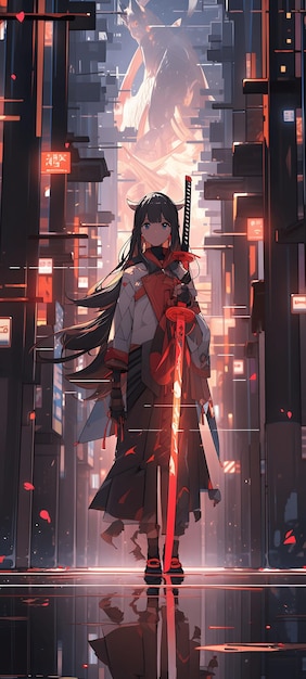 Premium AI Image  An anime style image of a cyberpunk girl wielding a  katana