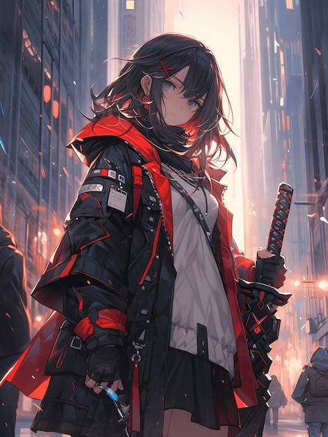 Premium AI Image  An anime style image of a cyberpunk girl wielding a  katana