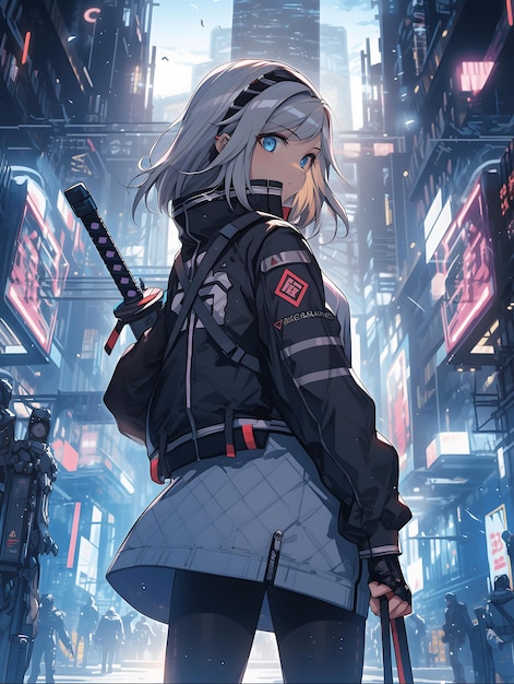 An anime style image of a cyberpunk girl wielding a katana