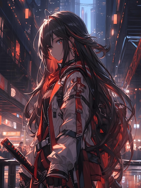 An anime style image of a cyberpunk girl wielding a katana