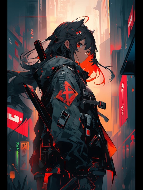 An anime style image of a cyberpunk girl wielding a katana