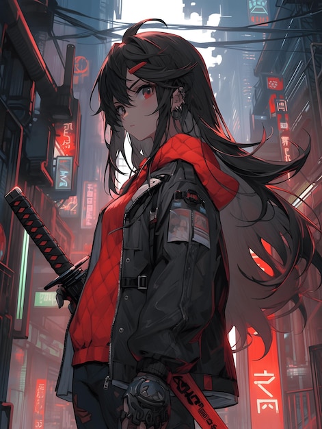 An anime style image of a cyberpunk girl wielding a katana