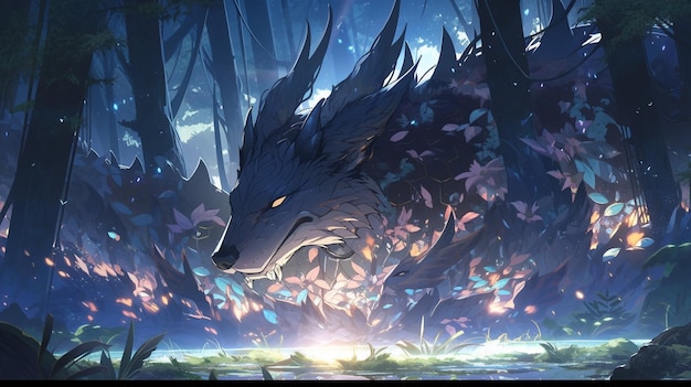 anime style image of a dragon in a forest with a lake generative ai