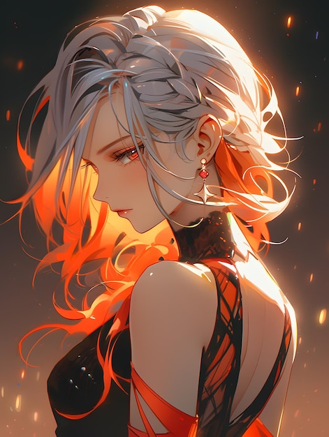 짙은 빨간색과 흰색 머리에 검은 드레스를 입은 소녀의 애니메이션 스타일 이미지, 짙은 주황색과 짙은 에메랄드