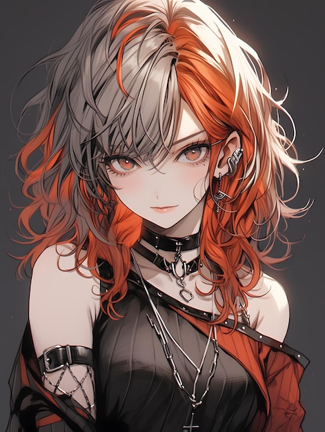 An anime style image of girl with dark red and white hair black dress dark orange and dark emerald