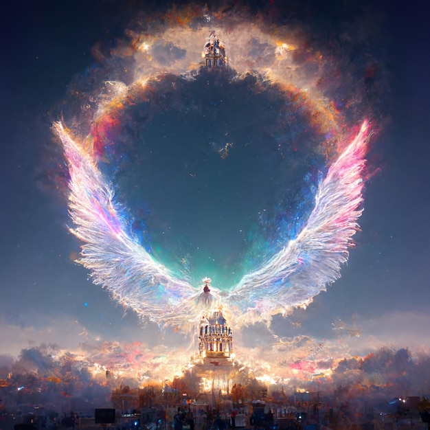 anime style image of a large angel with a halo in the sky generative ai