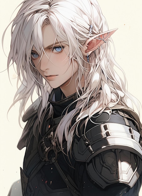 anime style image of a male elf with white hair and blue eyes generative ai