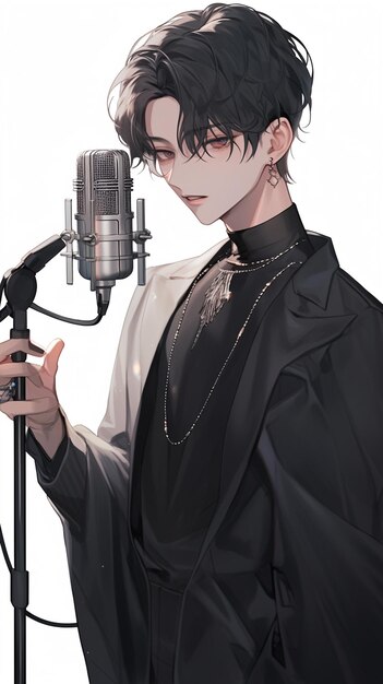 Photo anime style image of a man in a suit holding a microphone generative ai