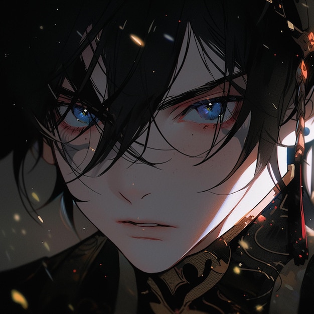 Anime style image of a man with blue eyes and a black jacket generative ai