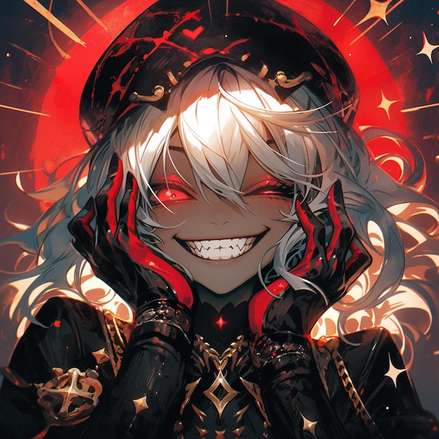 Изображение в стиле аниме улыбающейся женщины с красными глазами и черной шляпой